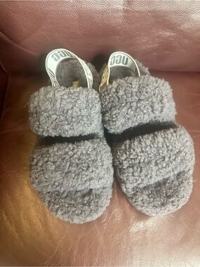 UGG Gray Shearling Double-Band Slide Slippers